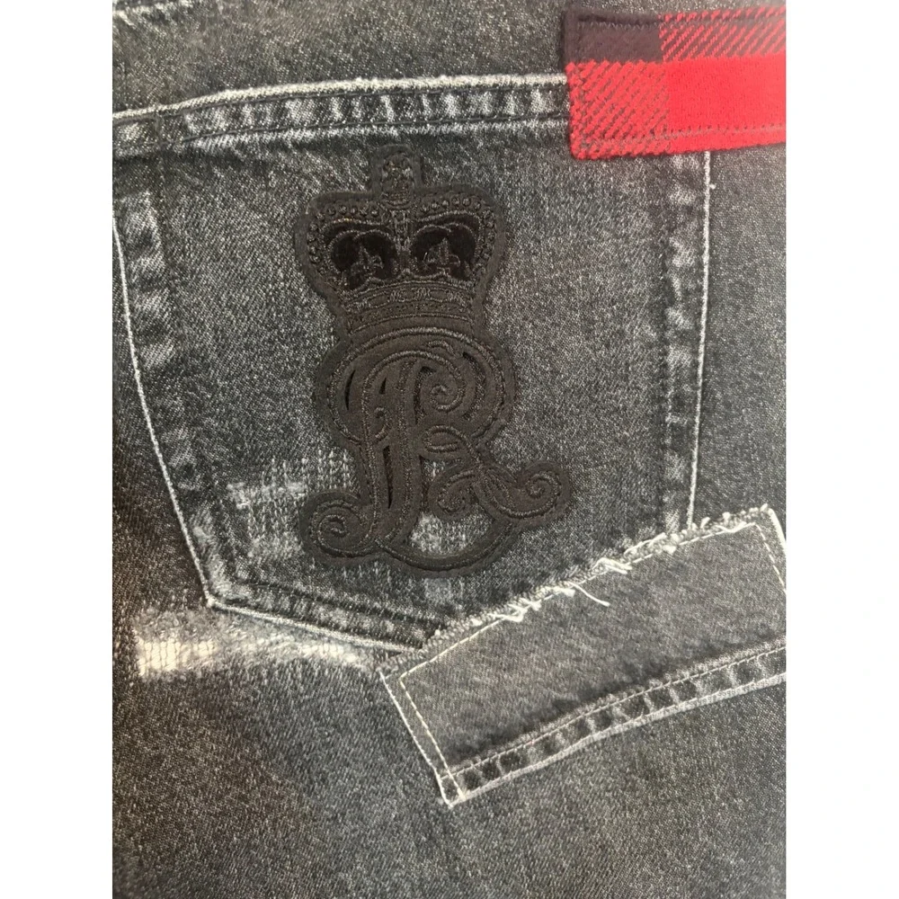 Polo Ralph Lauren Patchwork Jeans Womens 31 Black Red Leather Raw Hem Denim